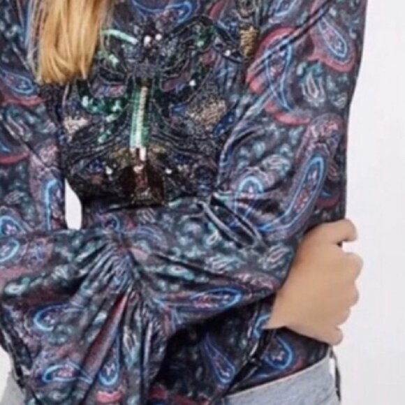NEW Free People Velvet L'Amour Bell Sleeve Top Size XS Velour Bohemian Mock Neck - Picture 14 of 14